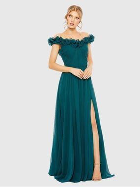 Mac Duggal 11591 Teal Ruched Off The Shoulder A Line Gown Size 8 NWT